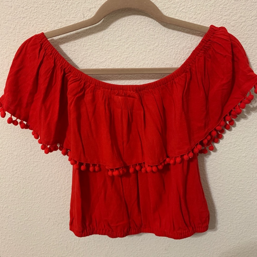 Red Cropped Top with fluffy balls